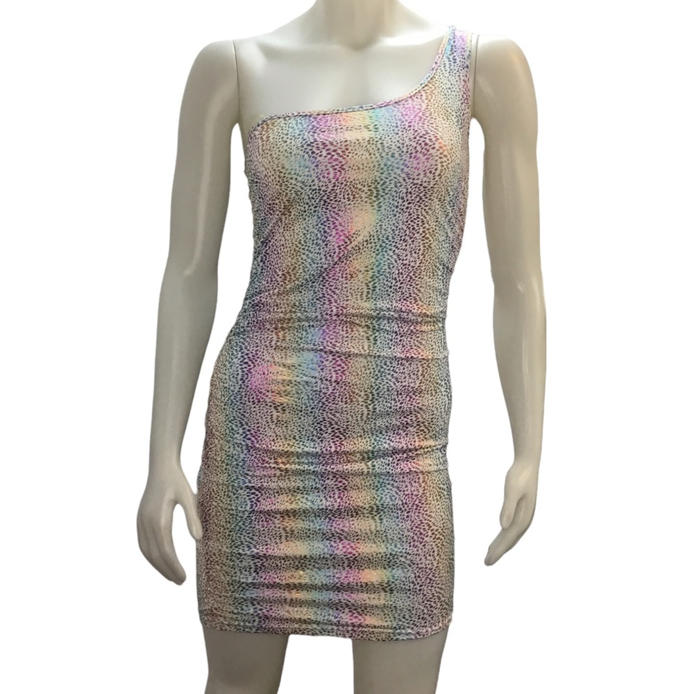 NWT Charlotte Russe Multicolor Metallic Animal Print One Shoulder Mini Dress S